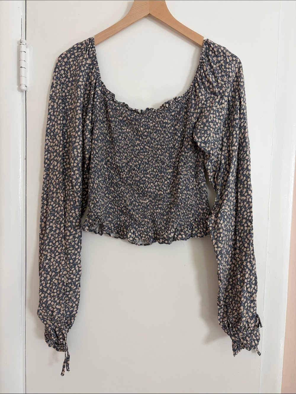 Smocked American Tall Navy Floral Long-Sleeve Crop L